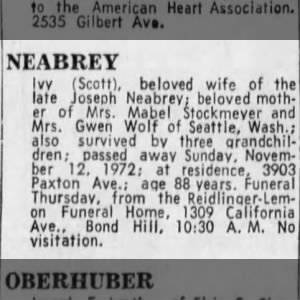 Obituary for NEABREY Ivv