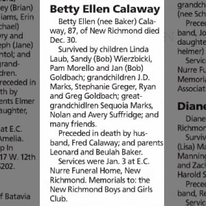 Obituary for Betty Ellen Calaway