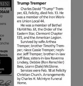 Obituary for Charles David "Trump" Tremper  31 Feb 2012