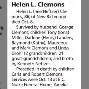 Obituary for Helen L. Clemons