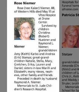 Obituary - Rose Kaiser 
Niemer